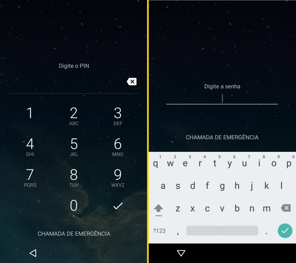 Desbloqueio com PIN (à esquerda) e com senha (à direita)