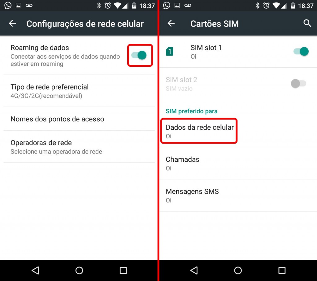 À esquerda, a chave que liga ou desliga o Roaming de dados. À direita, a seleção de qual SIM usar para dados.