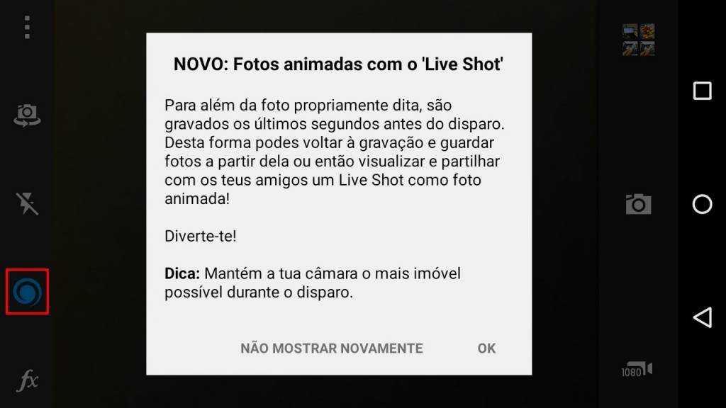 Basta tocar no ícone da espiral (em destaque) para ativar o modo Live Photos no Camera MX.