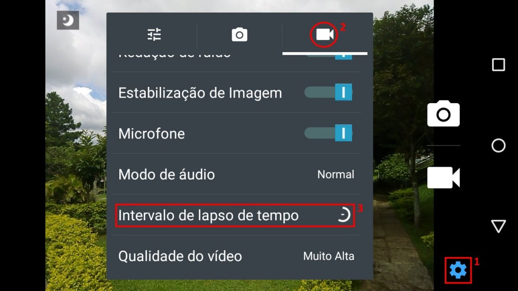 Clique no item da engrenagem (1), no da câmera (2) e defina o Intervalo de tempo (3) para fazer um time-lapse