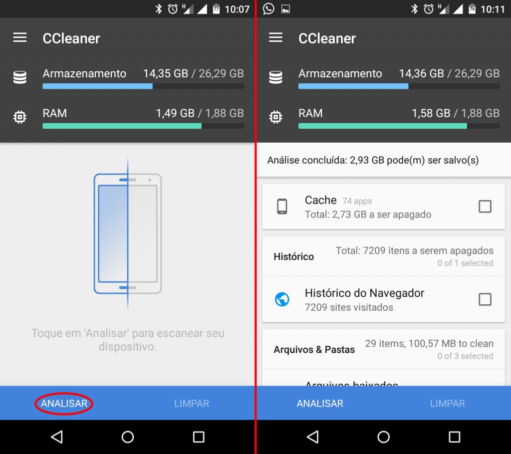 Recuperar Espaço: Análise do CCleaner, à direita, mostra quanto espaço você pode recuperar em cada tipo de dados.