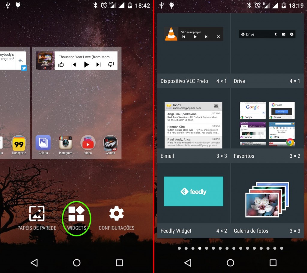 Toque no botão Widgets (no destaque) para ver uma lista com todos os widgets disponíveis em seu smartphone.