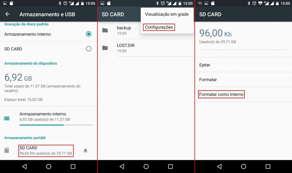 Imagens mostrando passo a passo o uso de cartões de memória no Marshmallow