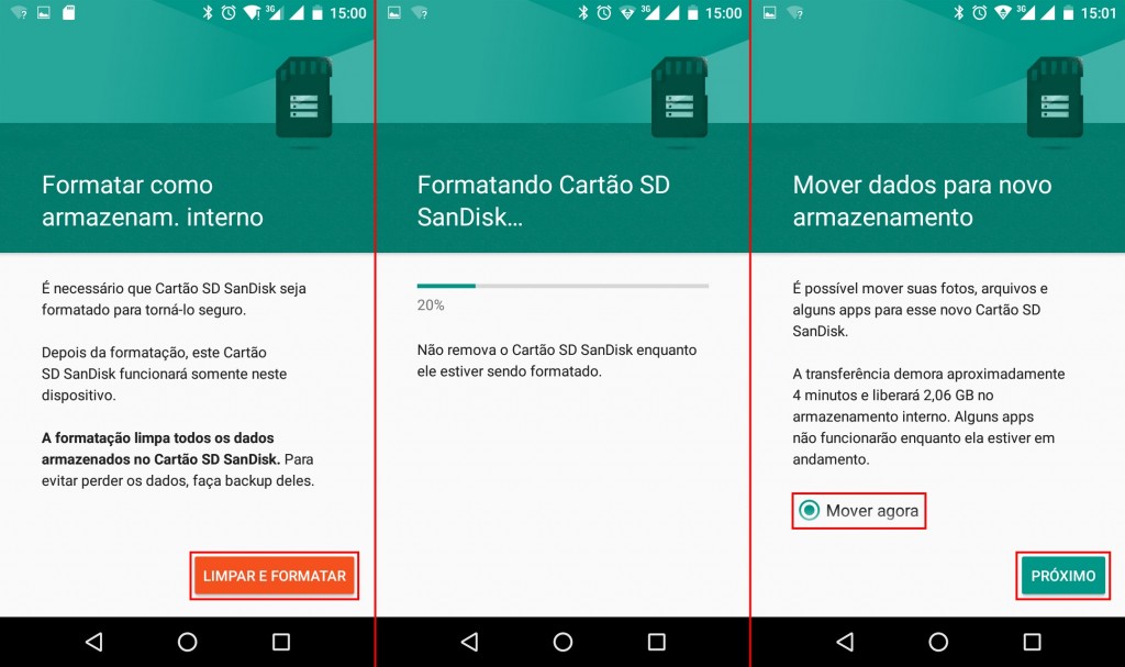Imagens mostrando passo a passo o uso de cartões de memória no Marshmallow