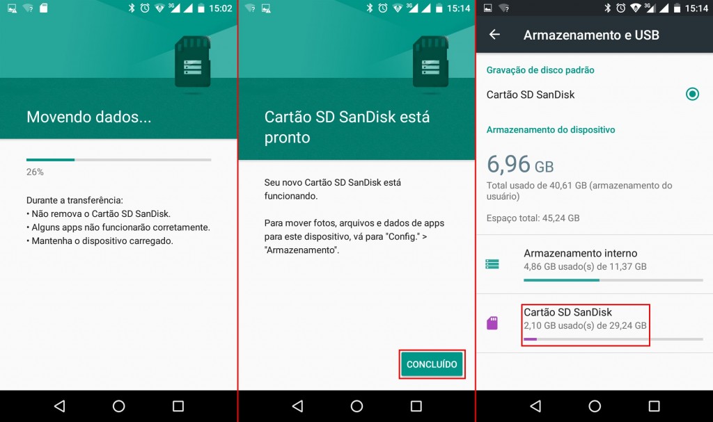 Imagens mostrando passo a passo o uso de cartões de memória no Marshmallow