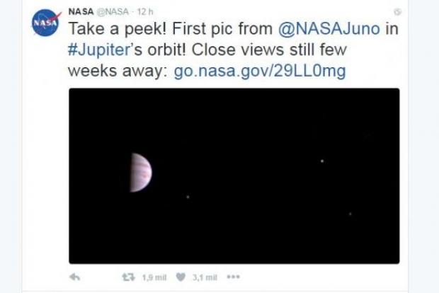 A sonda espacial americana Juno transmitiu sua primeira imagem, desde que entrou na órbita de Júpiter