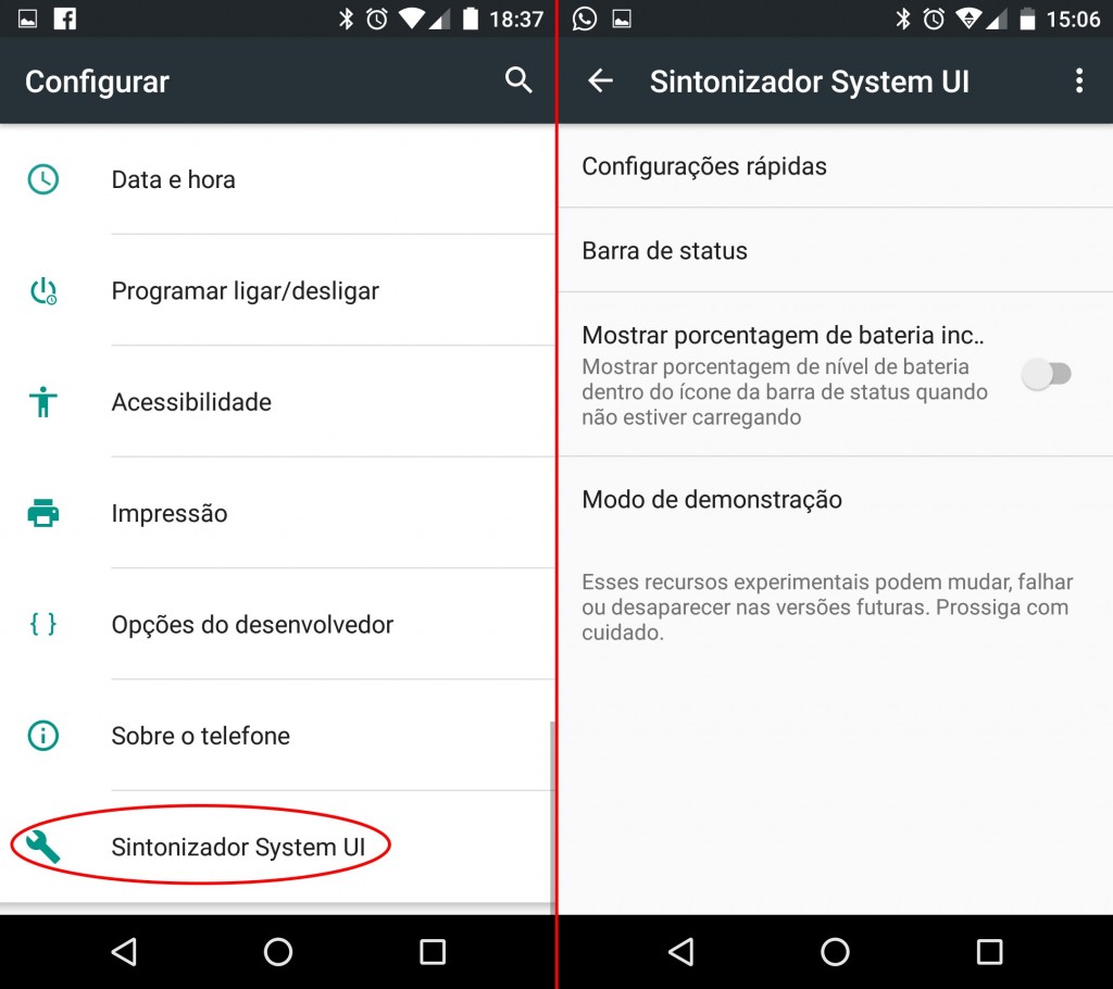 Mostrar porcentagem de Bateria, à esquerda, é a primeira opção útil que você irá encontrar.