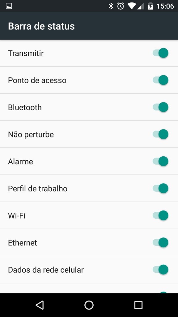 Nesta tela você escolhe quais recursos do sistema irão mostrar um ícone na barra de status, perto do relógio no topo da tela.