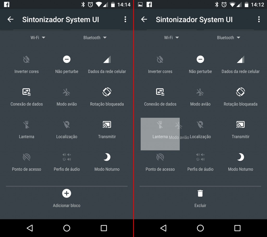 Arraste e solte os blocos para modificar o painel de configurações rápidas.