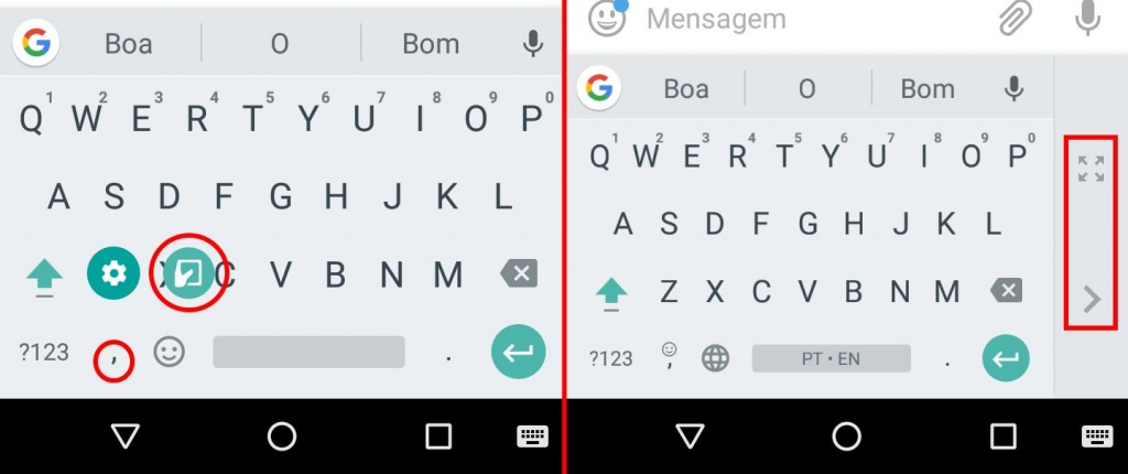 Reduzir o teclado pode ser muito útil para quem tem mãos pequenas ou prefere digitar com uma mão. À direita, os botões para restaurar o teclado ao tamanho original (o botão superior no destaque) ou ancorá-lo ao outro lado da tela.