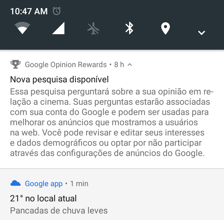 Uma notificação avisa quando uma nova pesquisa está disponível.