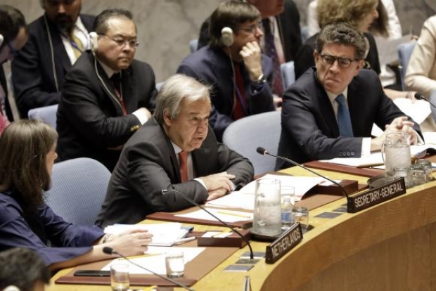 O secretário-geral das Nações Unidas, António Guterres, em reunião de emergência do Conselho de Segurança das ONU convocada após ataques dos Estados Unidos, França e Reino Unido à Síria