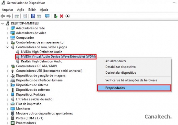 Procure pelo dispositivo que está apresentando problemas e acesse suas propriedades