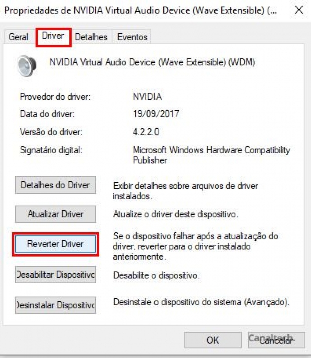 Na aba driver, escolha a opção para reverter o driver para uma versão anterior