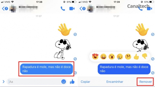 Toque e pressione sobre a mensagem até aparecer a opção para remover