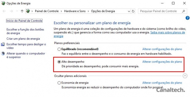 Escolher um plano de alto desempenho faz a máquina ter um maior desempenho às custas de mais consumo de energia