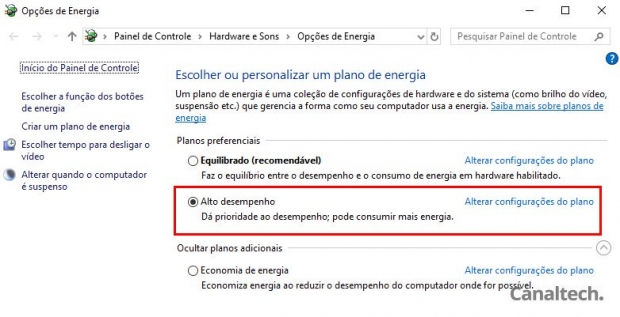 Escolher um plano de alto desempenho faz a máquina ter um maior desempenho às custas de mais consumo de energia