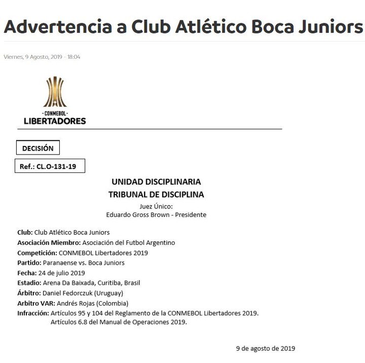 Aviso da Conmebol para o Boca.