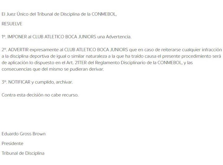 Aviso da Conmebol para o Boca.