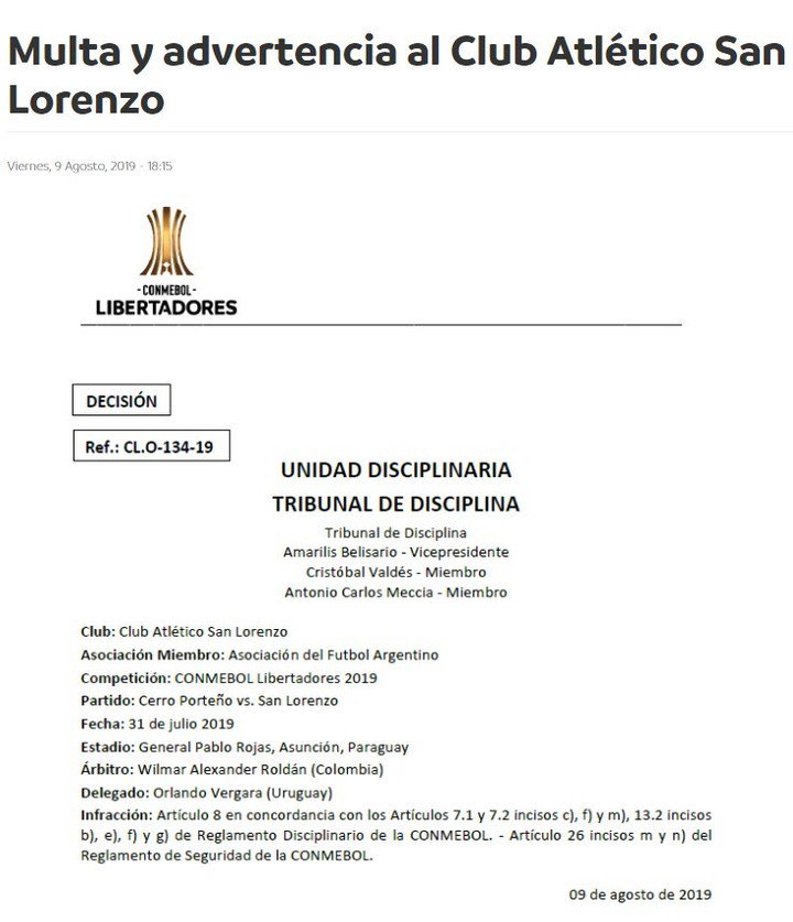 Aviso e multa da Conmebol para San Lorenzo.