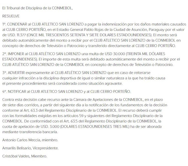 Aviso e multa da Conmebol para San Lorenzo.