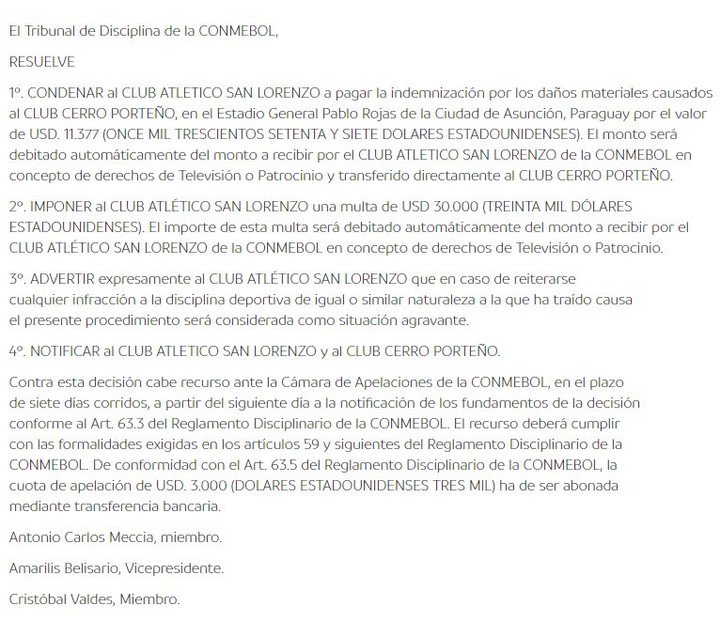 Aviso e multa da Conmebol para San Lorenzo.