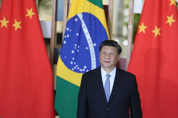 O presidente da República Popular da China, Xi Jinping, durante declaração à imprensa no Palácio do Itamaraty, em Brasília