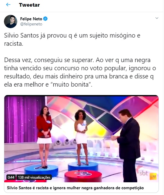 Felipe Neto detona Silvio Santos: “Provou que é um sujeito misógino e racista” - 1