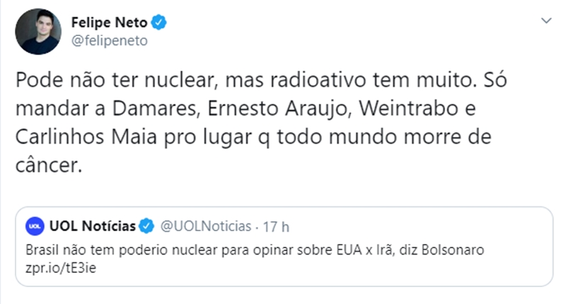 Felipe Neto cita Carlinhos Maia e Damares Alves como “poder radioativo” do Brasil - 1