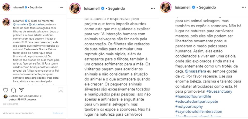 Luisa Mell critica foto de Caio Castro e Grazi Massafera com leões - 1
