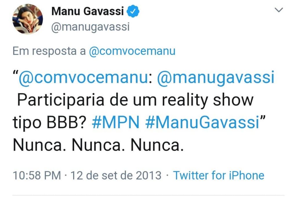 Quem te viu, quem te vê… Em tweet antigo, Manu Gavassi diz que “nunca” participaria do BBB - 1