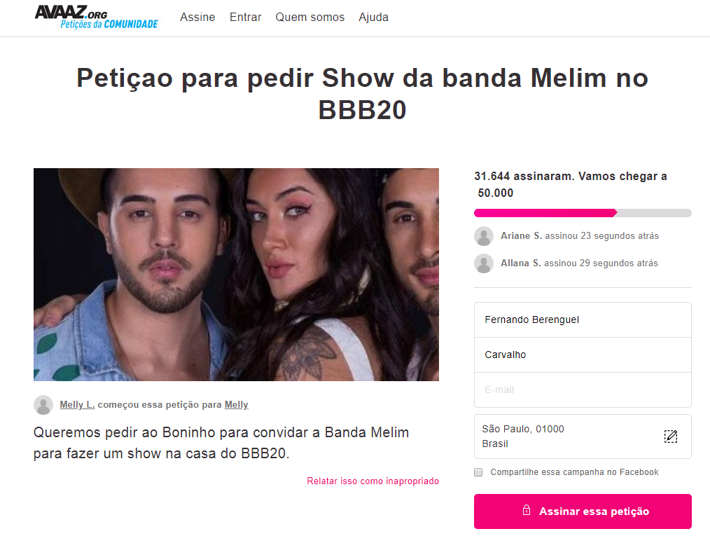 Petição para Melim fazer show na casa do BBB ganha milhares de assinaturas - 1