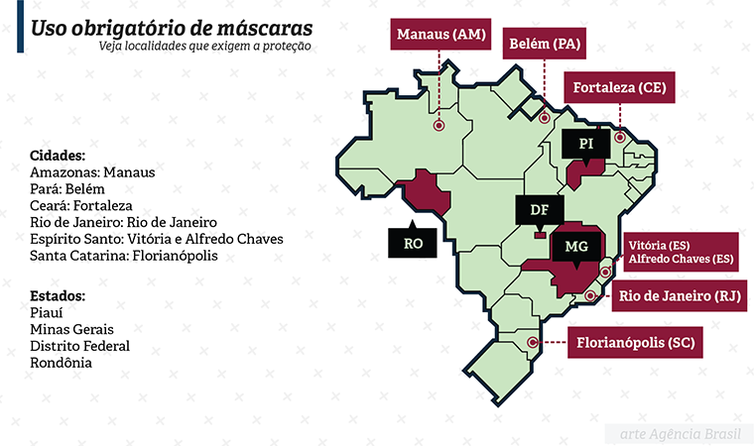 Mapa mostra estados e cidades onde o uso de máscaras é cumpulsório.