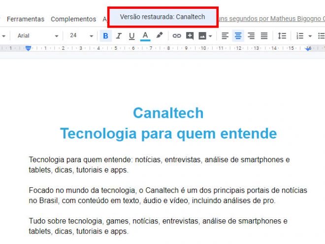 Como conferir histórico e como recuperar edições no Docs - 10