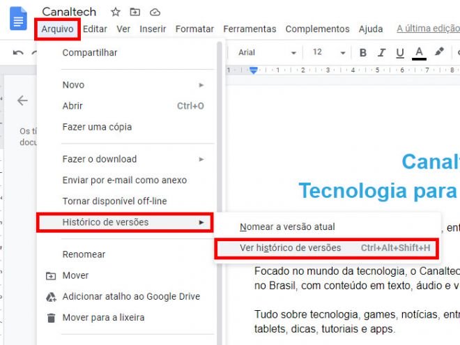 Como conferir histórico e como recuperar edições no Docs - 2