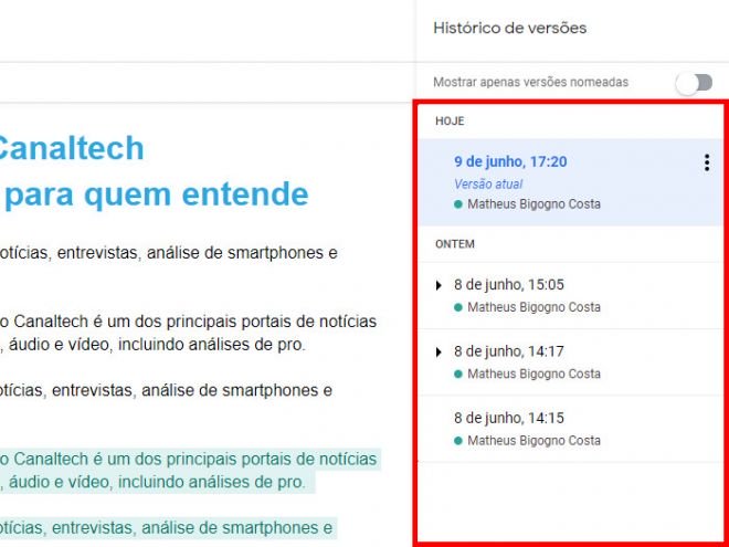 Como conferir histórico e como recuperar edições no Docs - 4