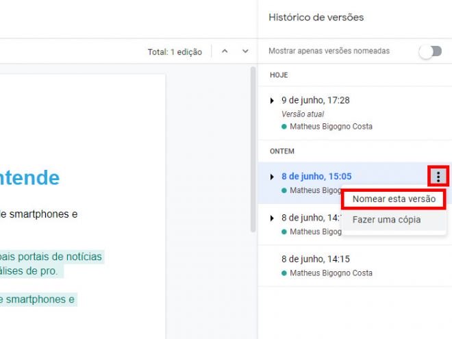 Como conferir histórico e como recuperar edições no Docs - 5