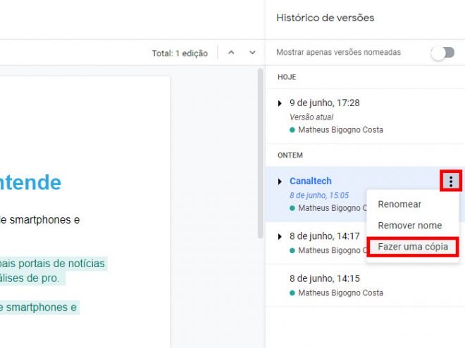 Como conferir histórico e como recuperar edições no Docs - 6