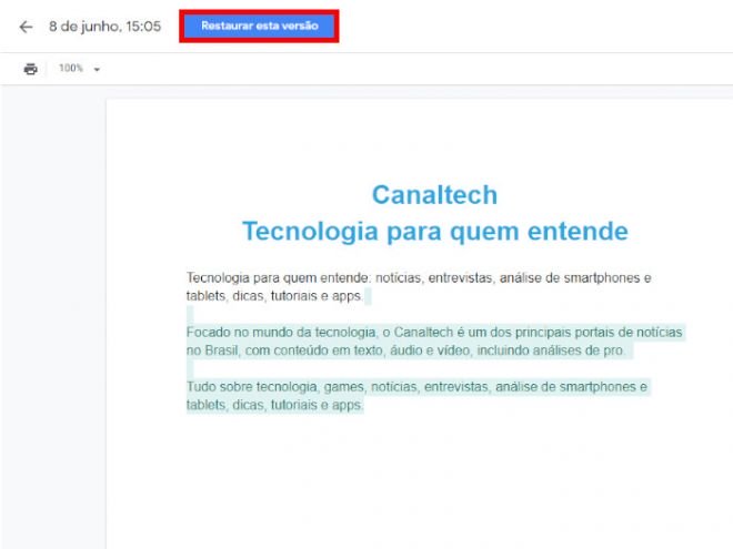 Como conferir histórico e como recuperar edições no Docs - 8