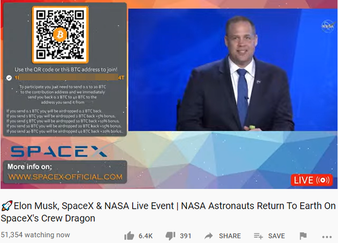 Transmissões da NASA e SpaceX foram usadas para promover golpes com Bitcoins - 2