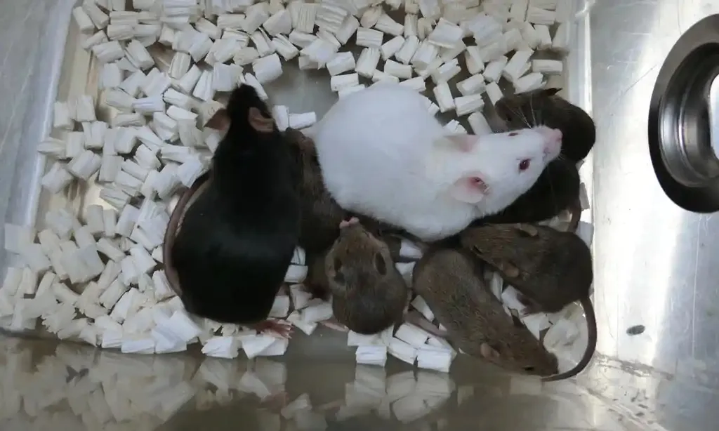 Dorami, primeiro camundongo clonado a partir de células secas congeladas do mundo, é a fêmea escura da esquerda: o macho branco é o pai e os pequenos são seus filhotes (Imagem: University of Yamanashi/Divulgação)
