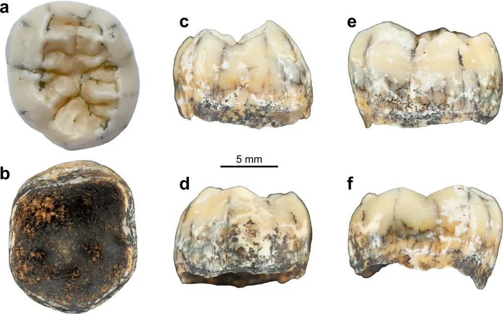 Dente da criança denisovana da caverna, híbrida entre duas espécies humanas (Imagem: Demeter, F. et al./Nature Communications)