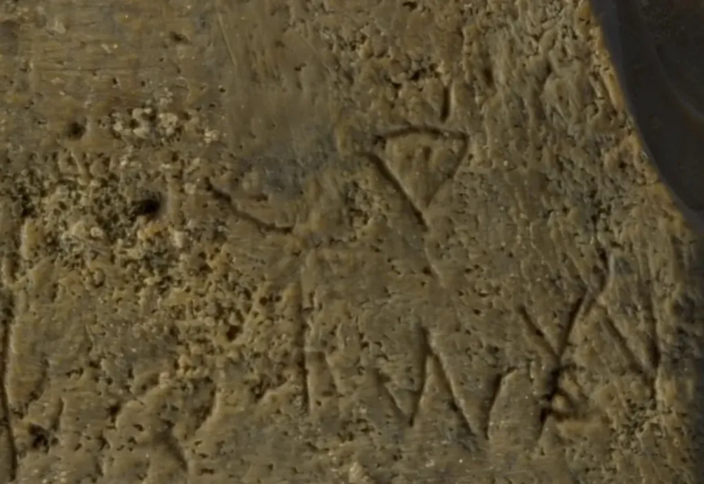 Letras canaanitas inscritas no lado direito do pente de marfim (Imagem: Dafna Gazit/Israel Antiquities Authority)
