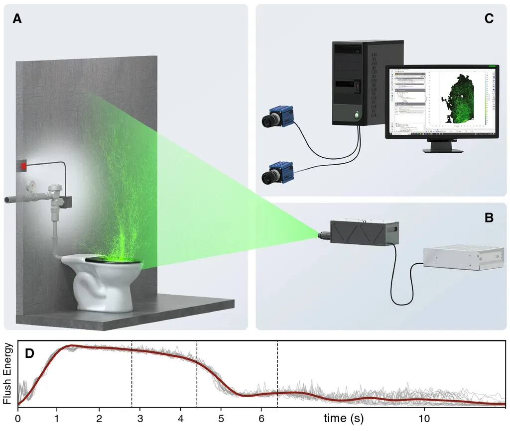 Ilustração de como funcionou o mecanismo de detecção das partículas ejetadas pelo vaso sanitário: os cientistas não utilizaram fezes, apenas a água do recipiente (Imagem: Crimaldi et al./Scientific Reports)