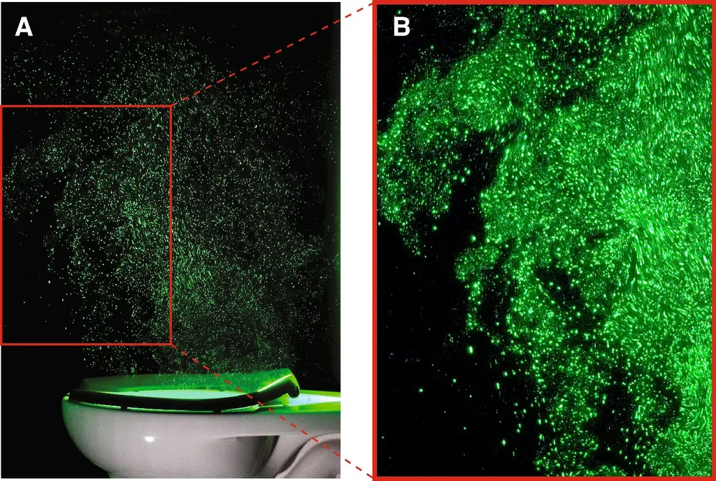 Aproximação da imagem, mostrando a densidade, tamanho e alcance das partículas ejetadas pelo vaso sanitário (Imagem: Crimaldi et al./Scientific Reports)