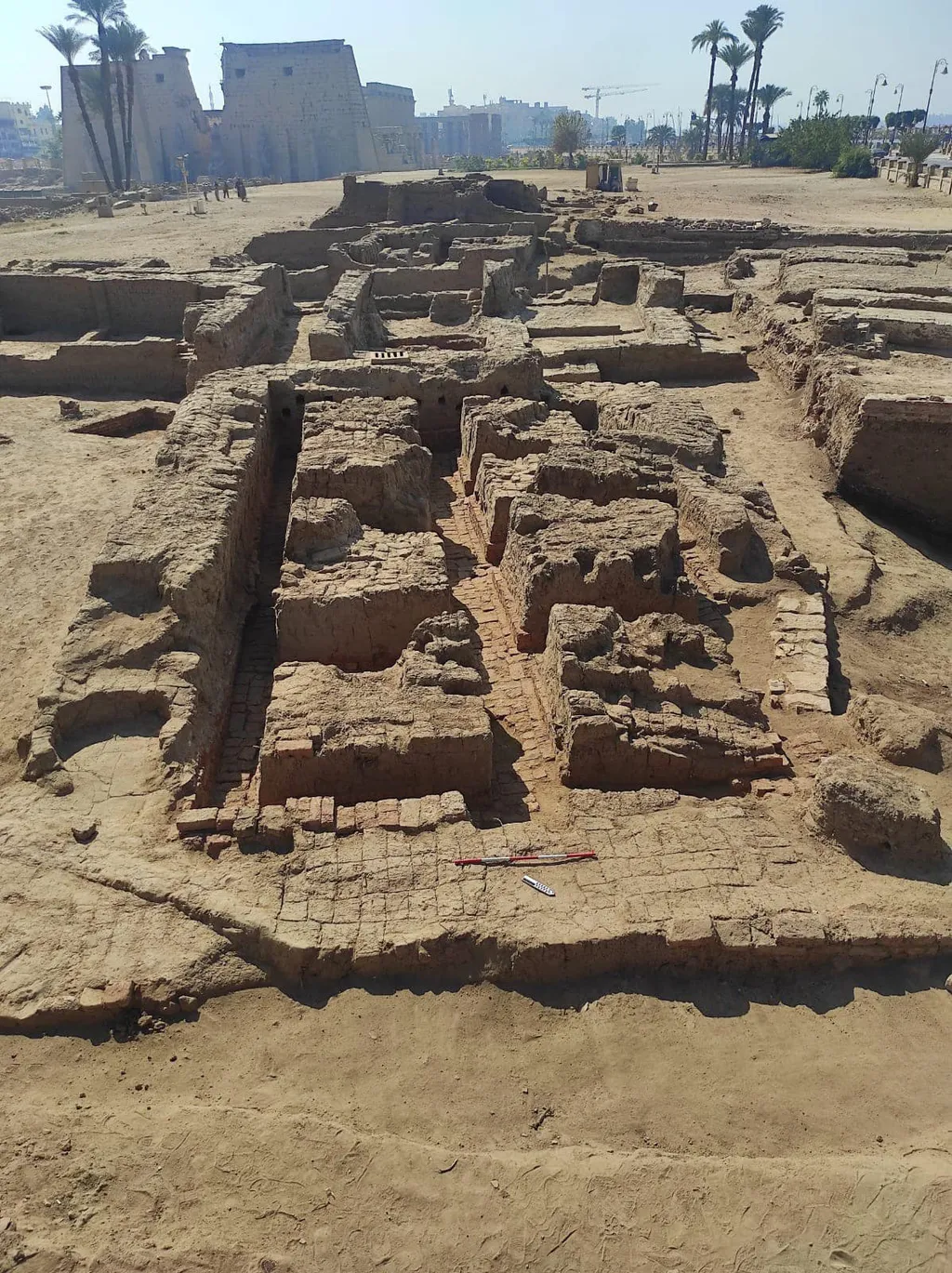 Estruturas da antiga cidade romana em Luxor, Tiba: ao fundo, o Templo de Luxor (Imagem: Ministry of Tourism and Antiquities)