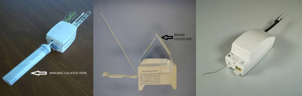 Diferentes radiossondas utilizadas pelo Serviço Meteorológico dos Estados Unidos. As da esquerda e do centro possuem instruções para devolução, enquanto a da direita é descartável (Imagem: Reprodução/National Weather Service)