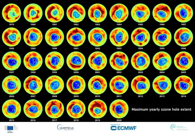 O buraco na camada de ozônio vinha diminuindo até 2019, mas os incêndios na Austrália proporcionaram um novo crescimento (Imagem: ECMWF)