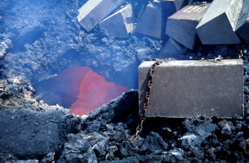 Blocos de concreto foram usados na erupção de 1992 do Monte Etna, na Itália, como forma de bloquear o avanço da lava em direção a uma cidade próxima (Imagem: Reprodução/Claude Grandpey via Big Think)