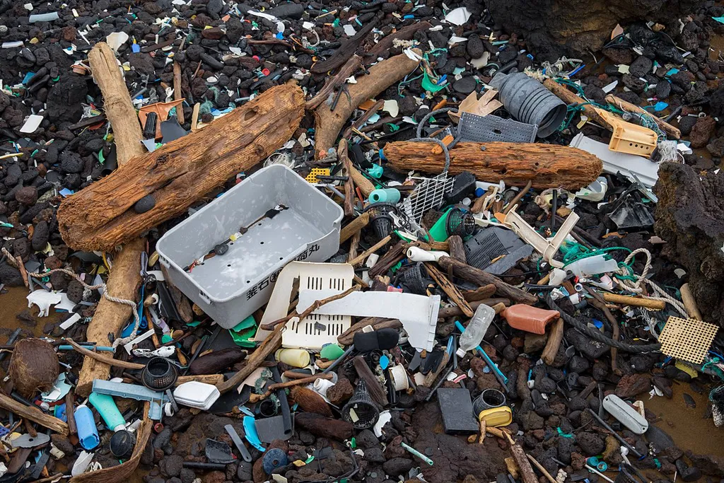 Resíduos plásticos provenientes do Pacífico chegando em praias no Havaí (Imagem: Justin Dolske/Wikimedia Commons)
